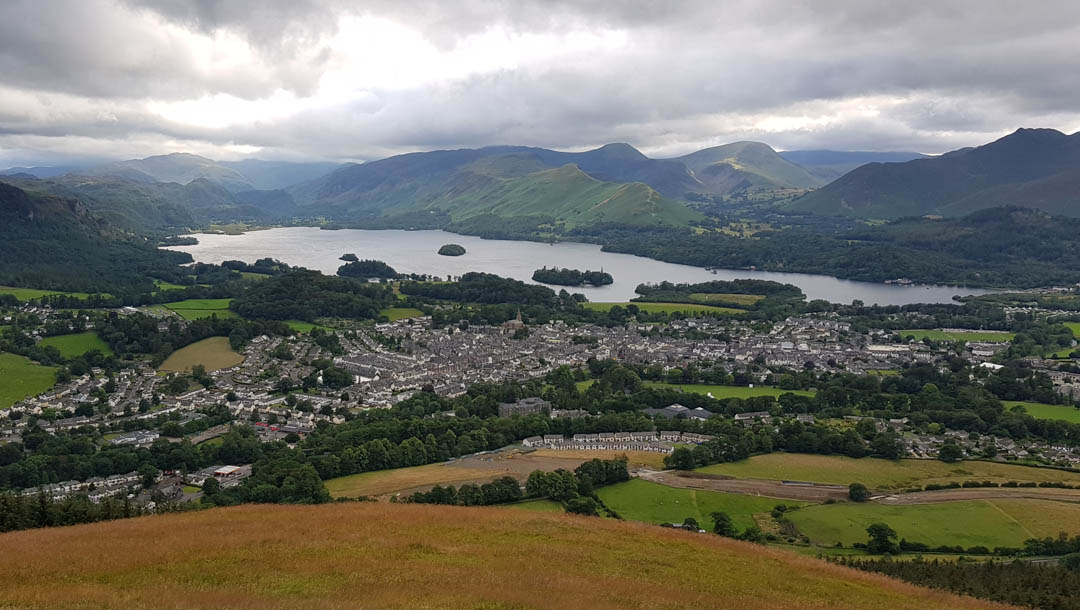Wide angle shot of Keswick and Derwent Water from atop Latrigg